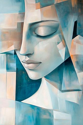 Abstract portret in zachte blauwe tinten