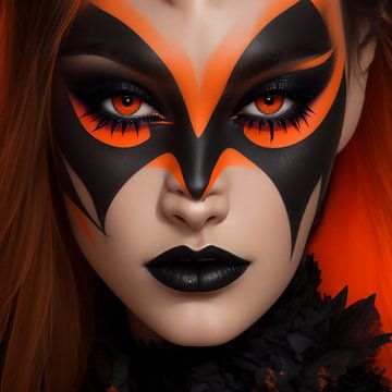 Maquillage extrême en noir et orange gros plan