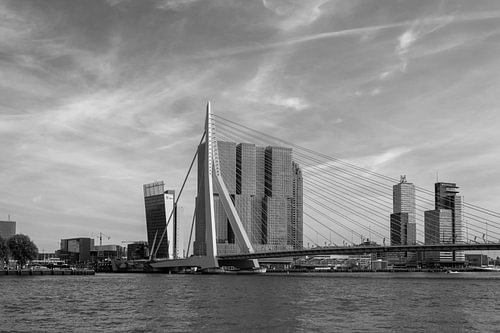 Erasmusbrug en skyline van Rotterdam in zwart-wit