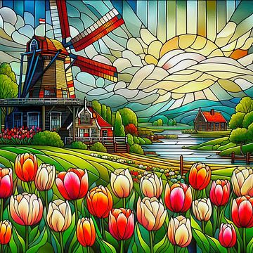 Moulin à vitraux et tulipes