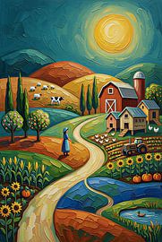 ​Vibrant Impasto Farm Life Landscape with Barn and Sunflowers by VICTOR S