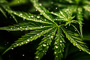 Nahaufnahme eines leuchtenden Cannabisblattes mit Morgentau, beleuchtet durch Sonnenlicht
