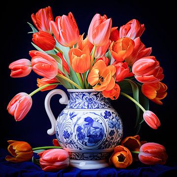 Bright Red tulips still life by Vlindertuin Art