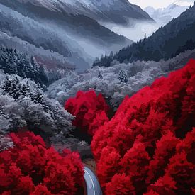 Vibrant Red Forest Road in Misty Winter Mountains Art by Artivisual