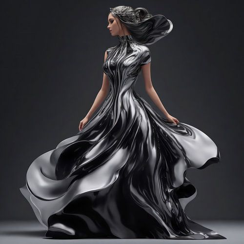 Vrouw in een vloeibare jurk van kwik met voorral grijs en zwart