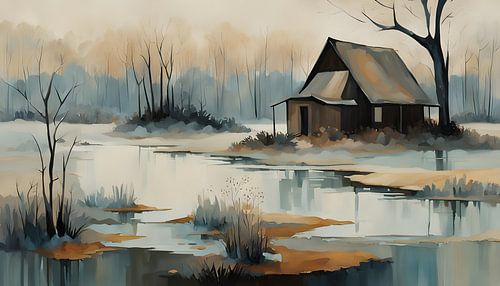 Hut by a lake, winter