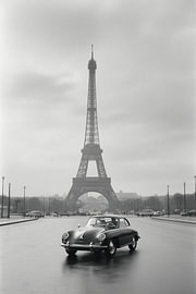 Klassischer Oldtimer am Eiffelturm | Paris in Schwarz-Weiß