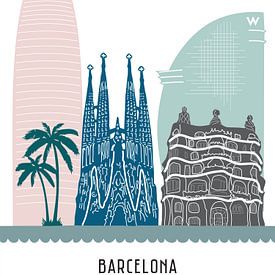 Skyline illustration city of Barcelona, Spain in colour by Mevrouw Emmer