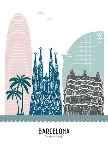 Skyline illustration city of Barcelona, Spain in colour by Mevrouw Emmer