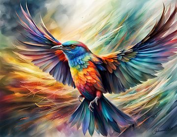 Prachtige vogels van de wereld - Veelkleurige Rush Tyrant vogel3 van Johanna's Art