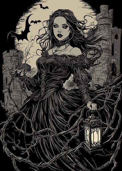 Femme gothique avec lanterne - château sombre par Pixelbull Design