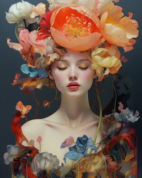Modernes und farbenfrohes Portrait "Blumenmädchen" von Carla Van Iersel