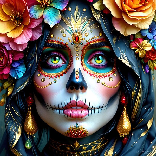 Día de los Muertos - Three penetrating views in La Catrina-inspired depiction, artistic intensity and cultural depth, a triptych celebrating the Day of the Dead in Mexico (1 of 3) by AidasignArt