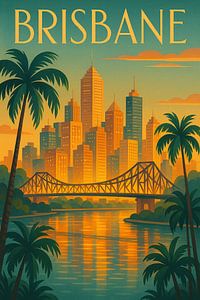 Brisbane City Glow - Retro Skyline & Brücke Kunstdruck
