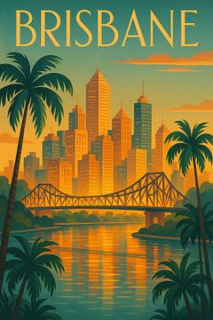 Brisbane City Glow - Retro Skyline & Brücke Kunstdruck