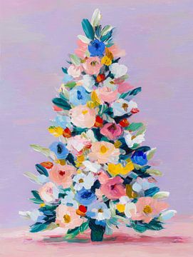 Arbre de Noël floral dans des tons pastel sur fond lilas