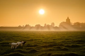 Pose d'agneaux dans la lumière du soir sur LiemersLandschap