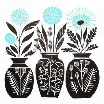 Vases with aqua blue floral lino print by Bianca ter Riet