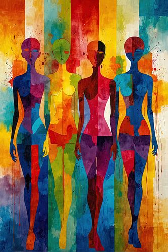 Four abstract people in bright colours