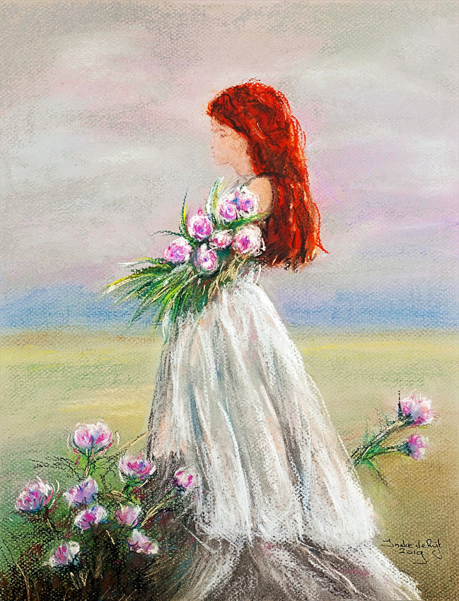 Picking flowers on a beautiful summer day. Pastel drawing by <span class="secondary-font">Ineke de Rijk</span>