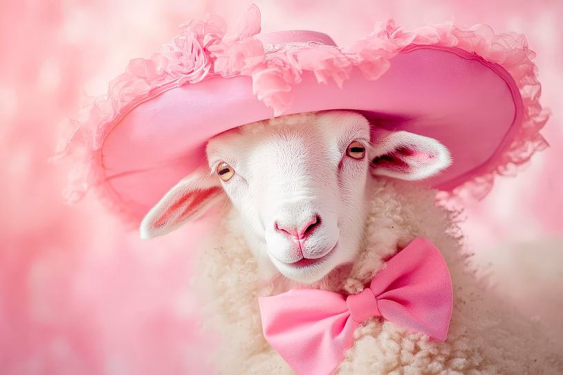 Sheep in pink hat with bow by Poster Art Shop
