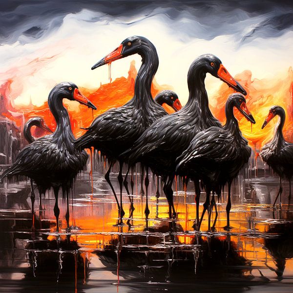 Black swans lake sunset surreal landscape by gm_designs