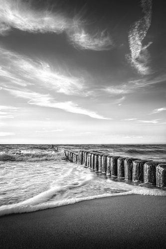 Oostzeestrand in zwart-wit