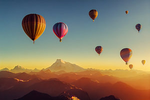 Heißluftballons am Himmel im Sonnenuntergang, Illustration
