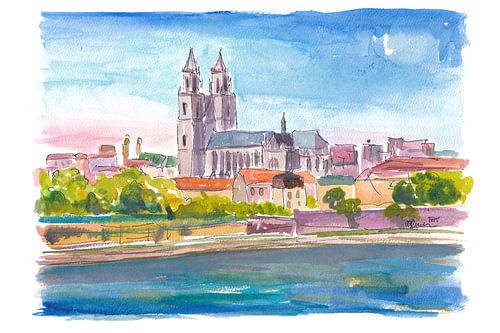 Ciel bleu au-dessus de la cathédrale de Magdebourg et de l'Elbe