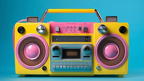 Roze en gele retro ghetto blaster radio in vintage stijl op een aquamarijne achtergrond