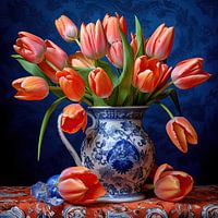 Red tulips in Delft blue vase