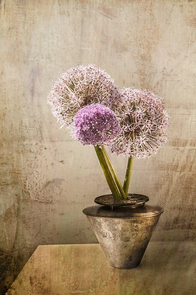 Allium, uienbollen in een vaas. Stilleven met bloemen. van Alie Ekkelenkamp