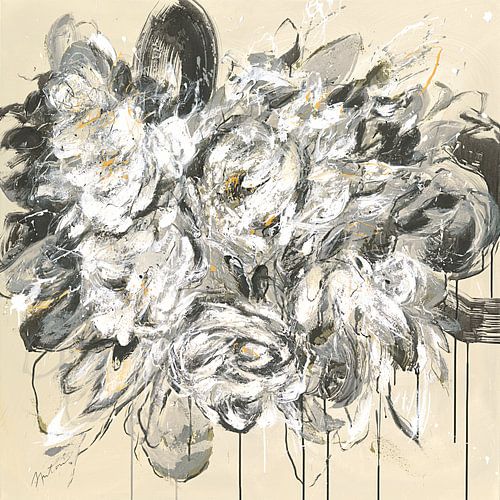 Blumen- Strauß, schwarz- weiß- beige, abstrakt von Anja Anton