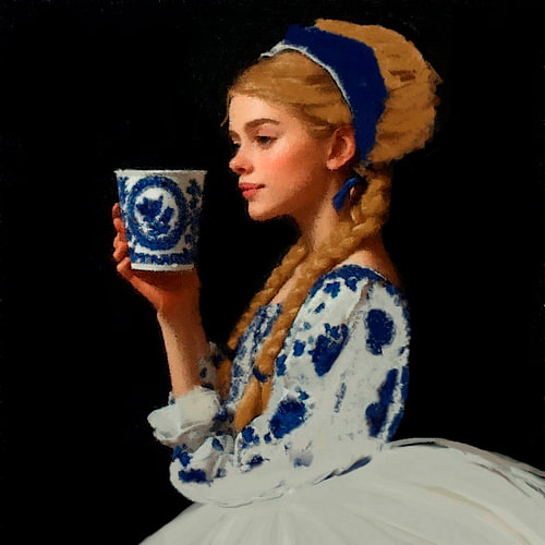 Een portret fine art van een jonge vrouw in delfts blauw met een koffie to go .