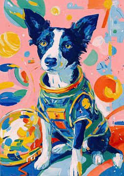 Hond in blauwgroene trui op roze achtergrond