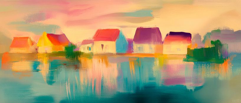 Bunte Häuser am ruhigen See von Poster Art Shop