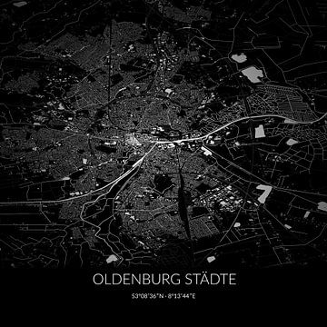 Schwarz-weiße Karte von Oldenburg Städte, Niedersachsen, Deutschland. von Rezona