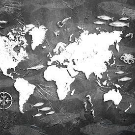 wereldkaart zeeleven wit en zwart #kaart van JBJart Justyna Jaszke