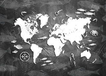 world map sea life white and black #map by JBJart Justyna Jaszke