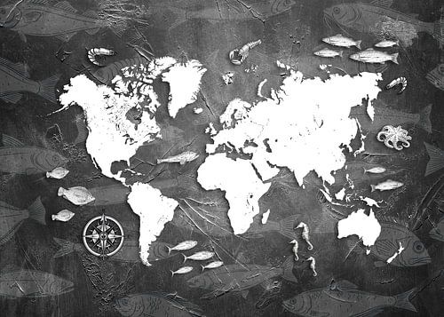 wereldkaart zeeleven wit en zwart #kaart