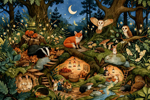 Woodland Friends – Forest animals in their secret den by moonlight