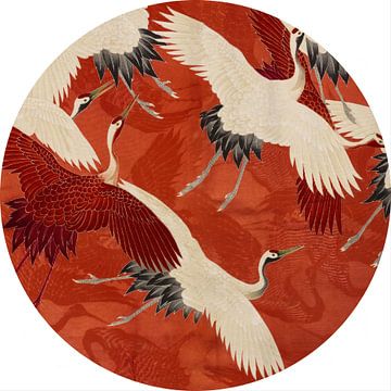 Witte en rode kraanvogels op warm rood zijde [rond] van Affect Fotografie