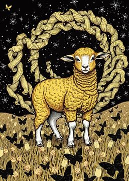 Goldene Schafe im gelben Feld - Nachthimmel & Schwarze Schmetterlinge Kunst von MIROKKU