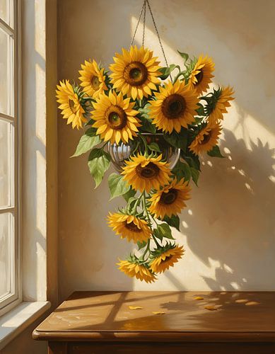 Zonnebloem (Helianthus annuus) in een hangende glazen pot