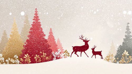 Deer in Snow Landscape with Golden Christmas Forest Silhouette Style