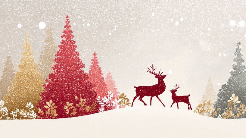 Deer in Snow Landscape with Golden Christmas Forest Silhouette Style by Eva Lee