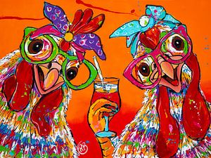Vrolijke kippen met borrel van Happy Paintings