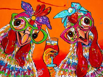 Poulets joyeux avec des boissons sur Happy Paintings