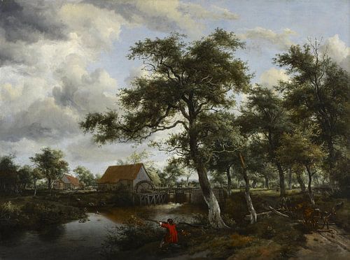 Bosrijk landschap met watermolen, Meindert Hobbema