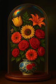Flowers under bell jar - Radiant AutumnA powerful and warm floral arrangement with sunflowers, red roses, bright orange gerberas, a yellow tulip and an elegant lily, carefully brought together under a glass bell jar. The deep colour palette radiates energy, passion and summer warmth. The ornate vase with blue decoration adds a classic touch and makes this work of art a timeless eye-catcher in any interior.Heat by Studio Juna
